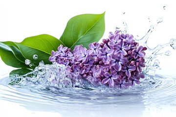 Wall Mural - Purple Lilac flowers splash into clear water with green leaves on white background.