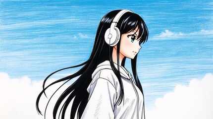 Anime woman with long black hair wearing headphones with a background of a cloudy blue sky.