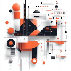 Sticker - Abstract Geometric Composition with Orange and Black Shapes on White Background