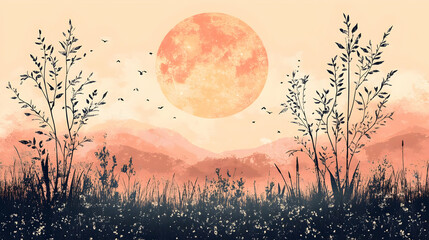 Wall Mural - Silhouettes of Grass and Trees Against a Sunset Sky with a Large Moon