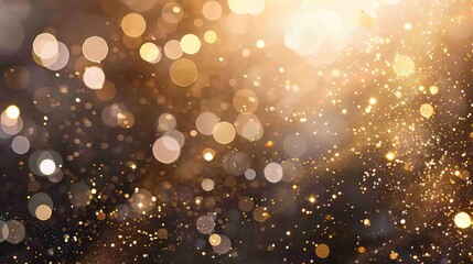 Wall Mural - golden bokeh and raining light of gold confetti illuminating a blurry black background with hazy dep