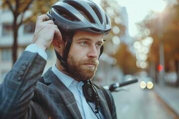 A person wearing a business suit and a helmet, possibly for safety or protection