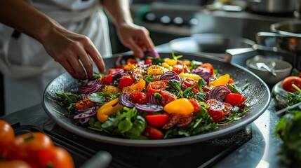 Sticker - Fresh Salad with Tomatoes  Peppers and Onions on Black Plate