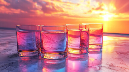 Poster - Four glasses of pink and blue liquid reflect the colorful sunset in the background.