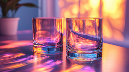 Two empty glasses on a table with a colorful background.