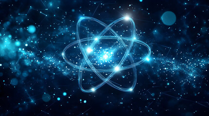 abstract blue and white glowing atom symbol with networked dots and lines as a futuristic digital te