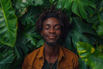 A serene young man enjoying nature surrounded by lush greenery in a tropical setting during the daylight hours