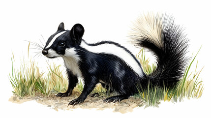 Striped Skunk in Grass Illustration