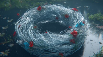 A Silver Wire Wreath with Red and Blue Decorations