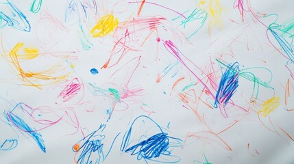 A colorful abstract drawing with various scribbles and shapes on a white background.