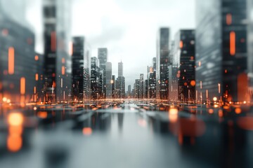 Wall Mural - a futuristic skyline shimmers with bright lights against a dull backdrop of urban innovation