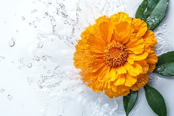 Wall Mural - Single yellow flower with green leaf floating on water.