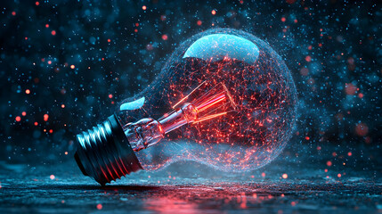 Wall Mural - A 3D Render of a Lightbulb with Red and Blue Glowing Lights, Lying on a Dark Surface and Surrounded by Sparks