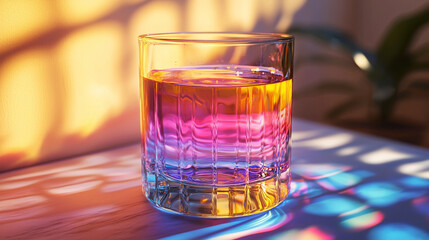 Wall Mural - A glass of liquid with a pink, orange, and yellow gradient sits on a table in a beam of light.