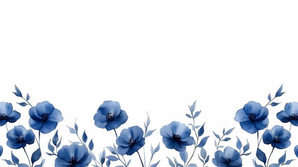 Wall Mural - Watercolor Blue Flowers Floral Border White Background