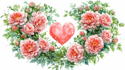 Wall Mural - Watercolor Heart Shaped Floral Wreath with Pink Roses and Green Leaves