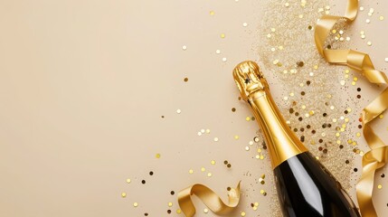Wall Mural - champagne bottle with golden ribbons and confetti on beige background