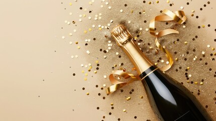 Wall Mural - champagne bottle with golden ribbons and confetti on beige background