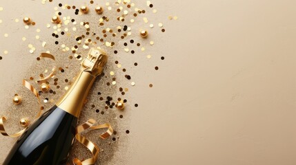 Wall Mural - champagne bottle with golden ribbons and confetti on beige background
