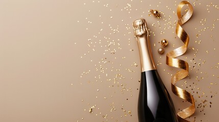 Wall Mural - champagne bottle with golden ribbons and confetti on beige background