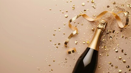 Wall Mural - champagne bottle with golden ribbons and confetti on beige background