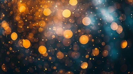 Wall Mural - golden bokeh and raining light of gold confetti illuminating a blurry black background with hazy dep