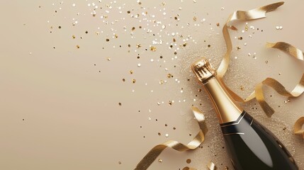 Wall Mural - champagne bottle with golden ribbons and confetti on beige background