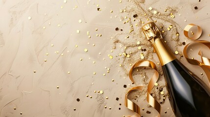 Wall Mural - champagne bottle with golden ribbons and confetti on beige background