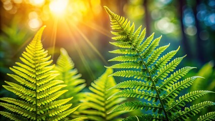 Wall Mural - Close up shot of fern plant with blurred background under sunlight