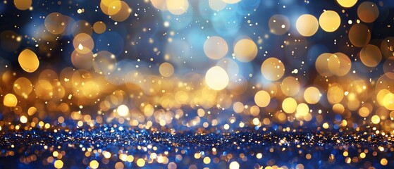 Poster - Abstract festive banner with golden sparkles and blurred glitter on dark blue background featuring bokeh texture for night party template