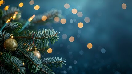 Wall Mural - festive christmas garland with glowing bokeh lights on a dark blue background, creating a magical ho