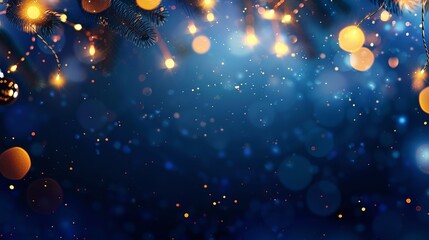 Wall Mural - festive christmas garland with glowing bokeh lights on a dark blue background, creating a magical ho