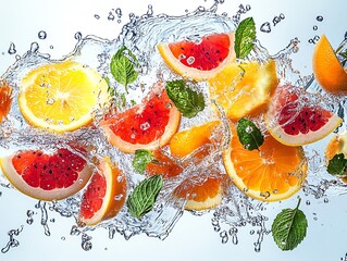 Slices of oranges, grapefruits, and lemons with mint leaves splash into water creating a vibrant and refreshing image.