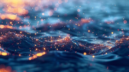 Wall Mural - illuminated ocean waves at night with glowing lights reflecting on the sea surface