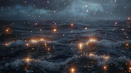 Wall Mural - illuminated ocean waves at night with glowing lights reflecting on the sea surface