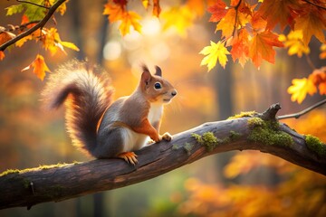 Canvas Print - a squirrel sits on a tree trunk in an autumn forest