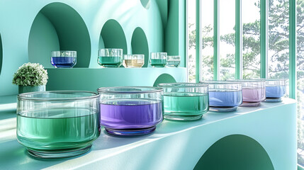 Poster - Glass bowls filled with colorful liquids on a teal shelf.