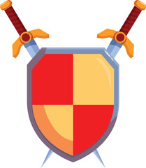 Two swords are crossed behind a red and yellow shield, embodying the concept of defense and safety