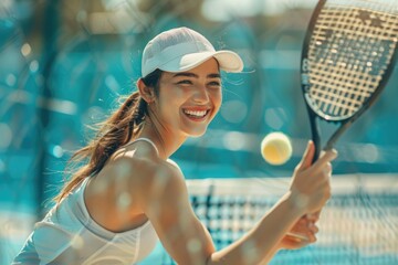 A woman holding a tennis racket on a tennis court, ready to play