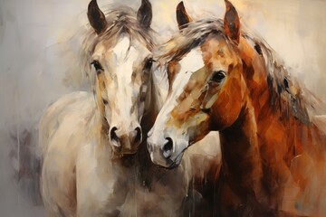 two horses bent their heads towards each other, showing tenderness