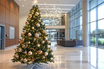 Modern Office Lobby with Christmas Tree and Sleek Metallic Ornaments for Festive Professional Environment