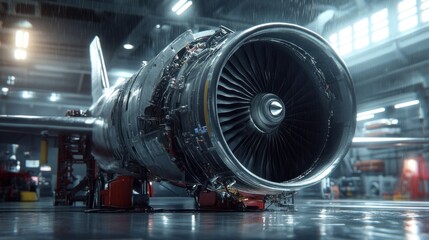 Wall Mural - A close-up view of a jet engine in a workshop, showcasing its intricate design and components.