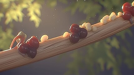 Wall Mural - Close-up of Red Galls on a Branch with Sunlight Filtering Through Leaves