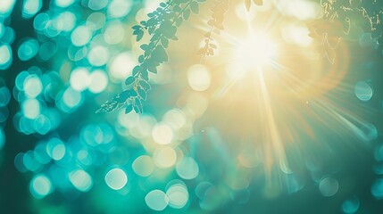 Wall Mural - vintage cyan blue-green blurred sky background with glowing sunlight flare and natural bokeh effects