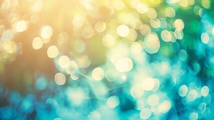 Wall Mural - vintage cyan blue-green blurred sky background with glowing sunlight flare and natural bokeh effects