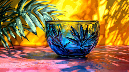 Poster - A blue glass bowl with an etched design sits on a table with a palm leaf in the background.