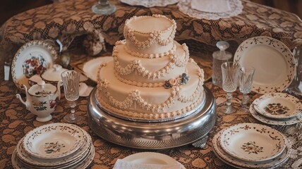 Vintage wedding cake table set with three-tiered cake decorated in a retro style