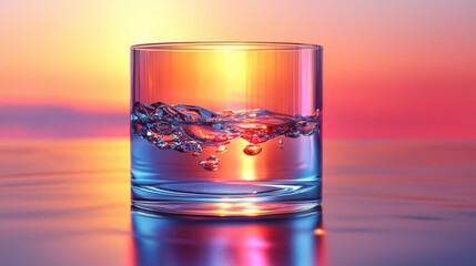 Poster - Glass of water with bubbles against a colorful sunset.