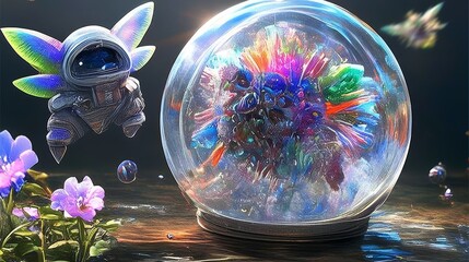 Wall Mural - A Mystical Creature Gazing at a Crystal Sphere Filled with Colorful Gems