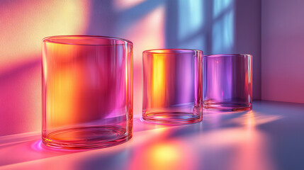 Three clear glass cylinders sit on a white surface, lit with colorful lighting.